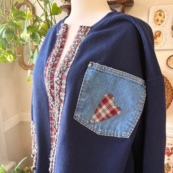 Jerzees Sweaters - Vintage Handmade Cardigan Patchwork Denim w/ Heart Patch Ruffle Trim